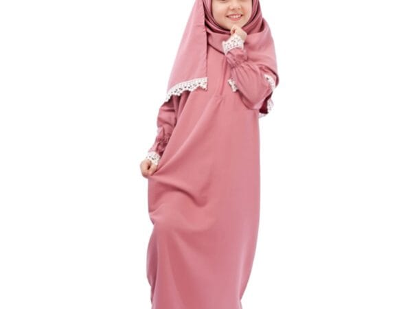 Viscose Cotton Lace Prayer Dress with Attached Scarf for Children-M-75