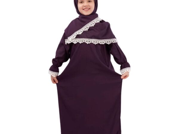 Viscose Cotton Lace Prayer Dress with Attached Scarf for Children-M-76